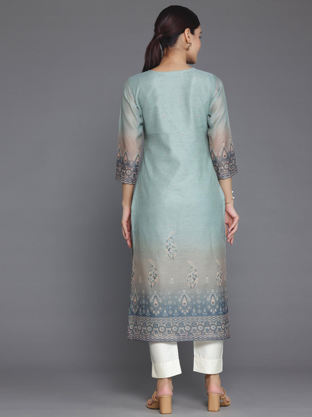 Grey Embellished Chanderi Silk Straight Kurta - Libas