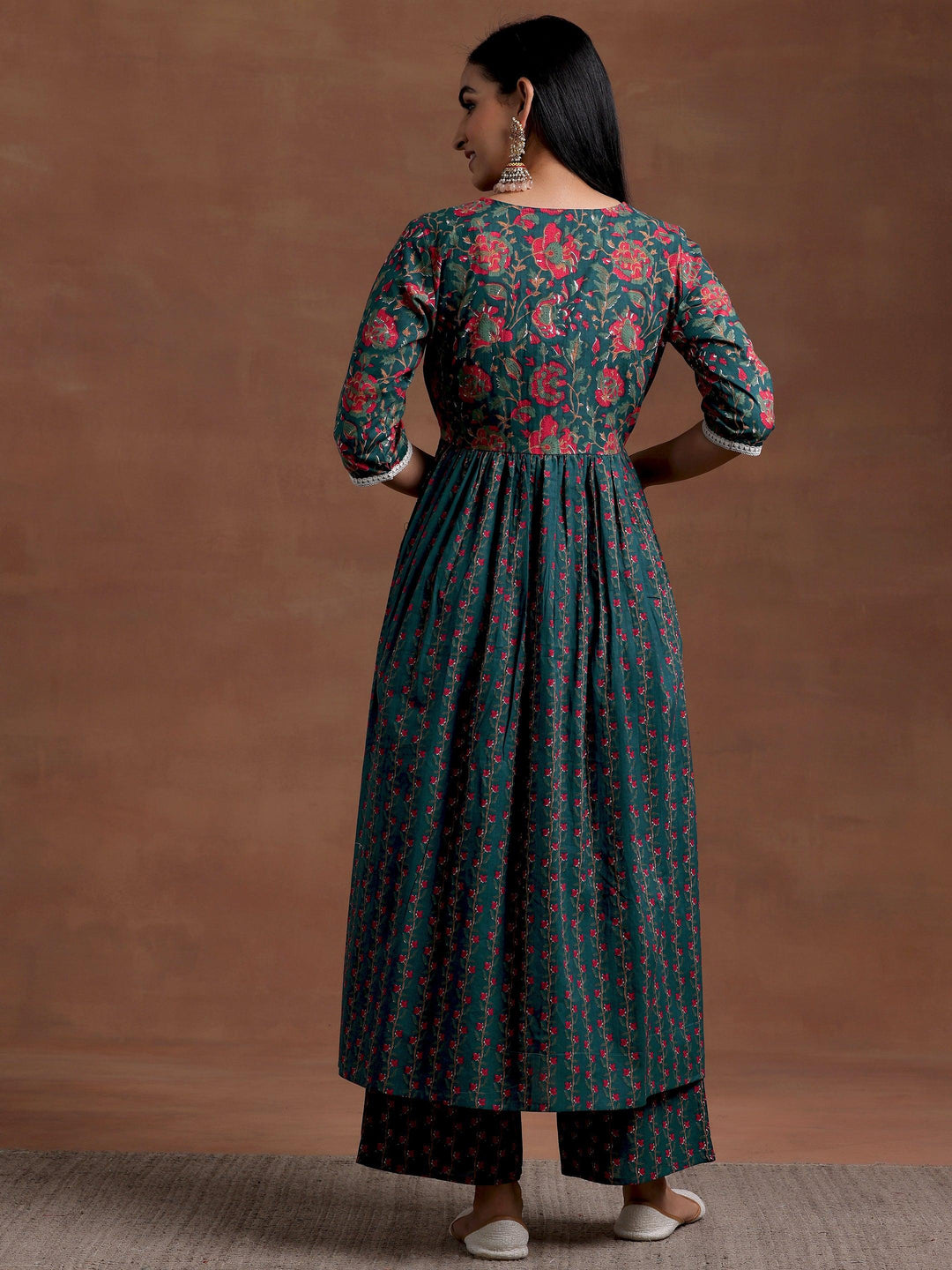 Blue Printed Cotton A-Line Kurta With Palazzos - Libas