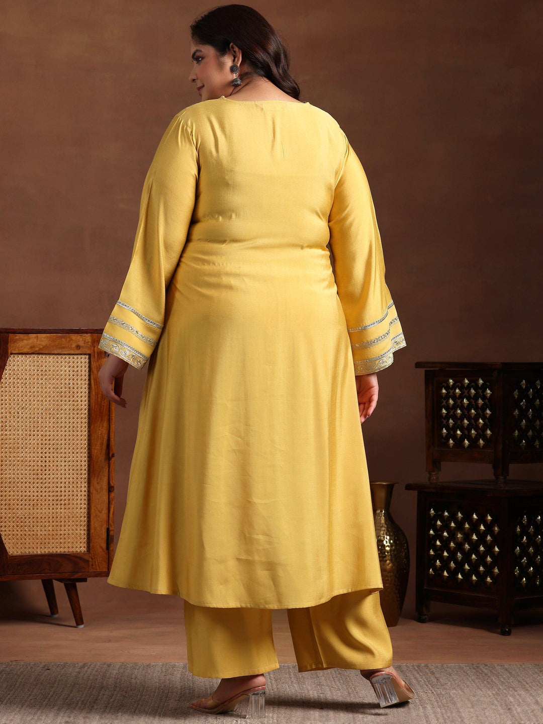 Plus Size Yellow Yoke Design Silk Blend A-Line Kurta With Trousers - Libas