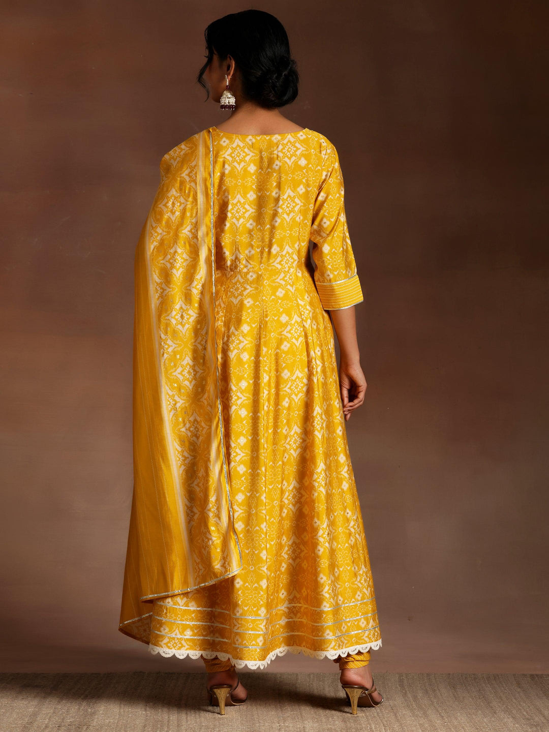 Mustard Printed Silk Blend Anarkali Suit With Dupatta - Libas