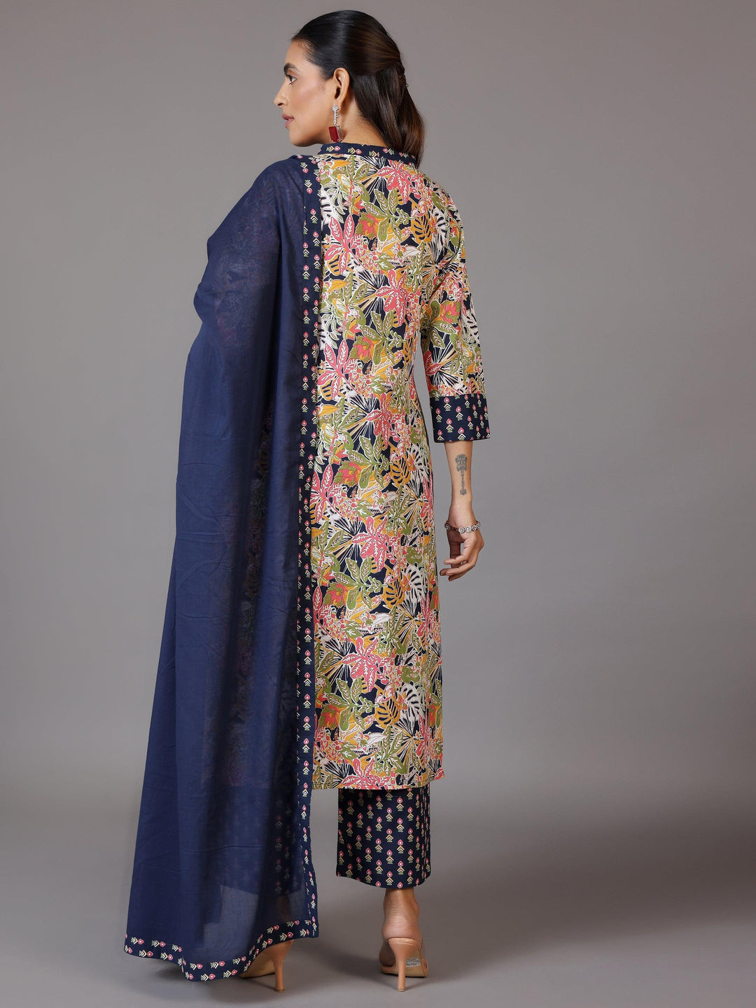 Blue Printed Cotton Straight Suit With Dupatta - Libas