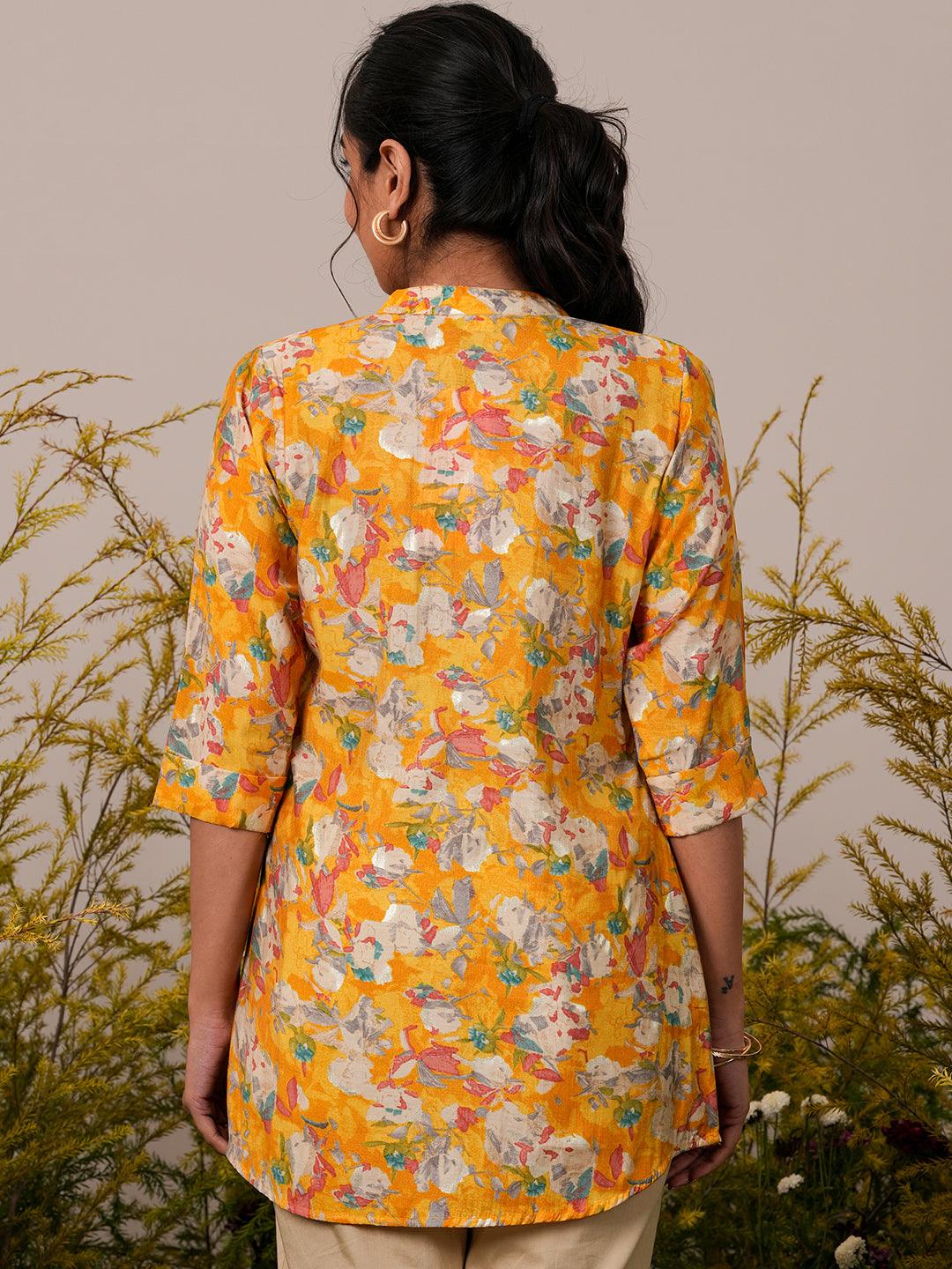 Yellow Printed Silk Blend A-Line Kurti - Libas 