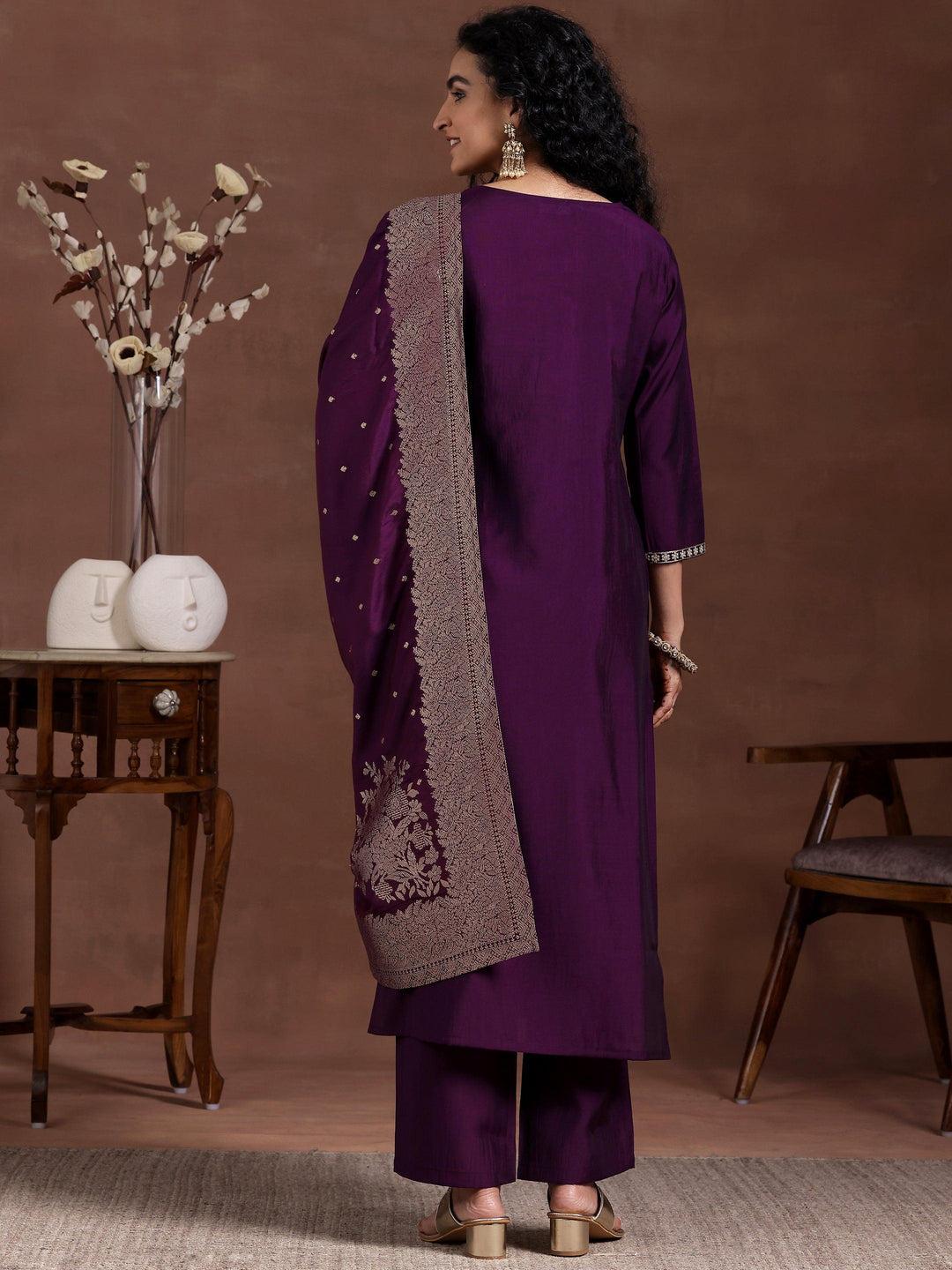 Wine Yoke Design Silk Blend Straight Suit With Dupatta - Libas 