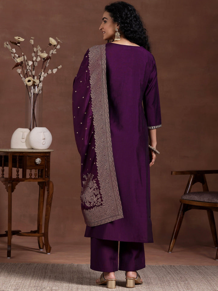 Wine Yoke Design Silk Blend Straight Suit With Dupatta - Libas