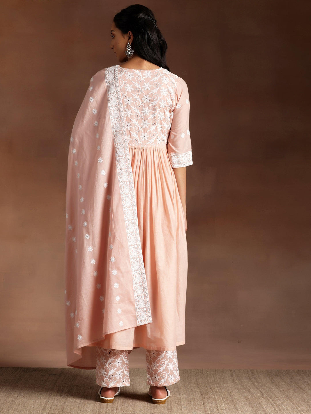 Peach Embroidered Cotton A-Line Kurta With Palazzos & Dupatta - Libas