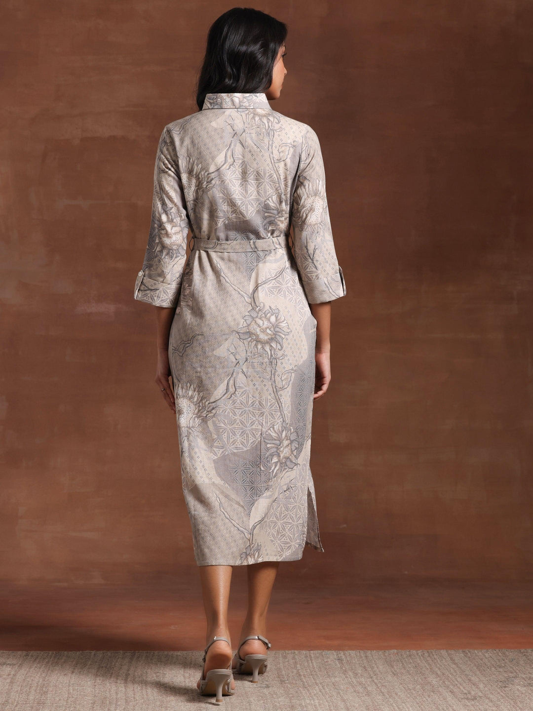 Off White Printed Linen Shirt Dress - Libas 