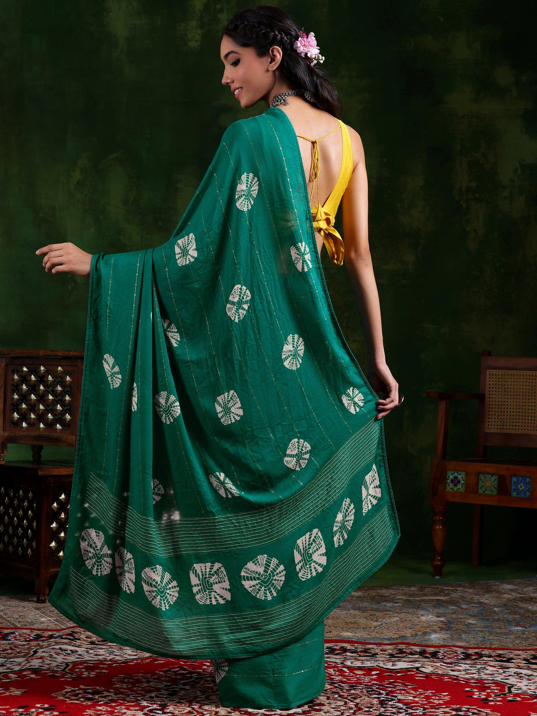 Rama Green Printed Poly Chiffon Saree With Unstitched Blouse Piece - Libas