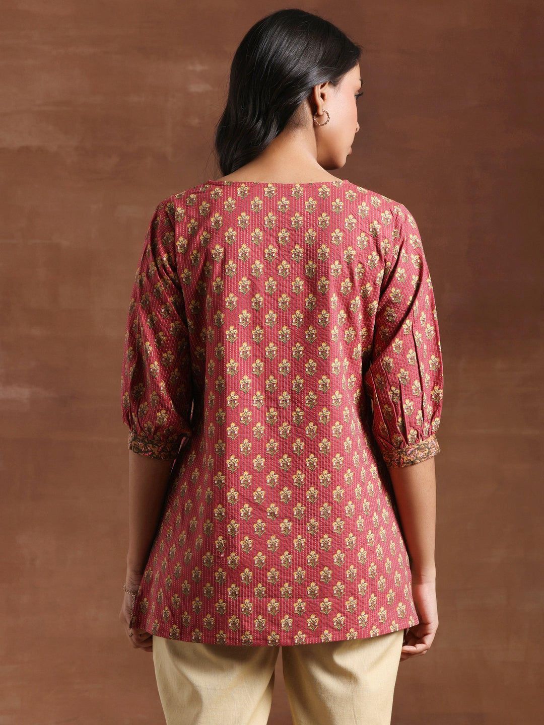 Pink Printed Cotton Straight Kurti - Libas 