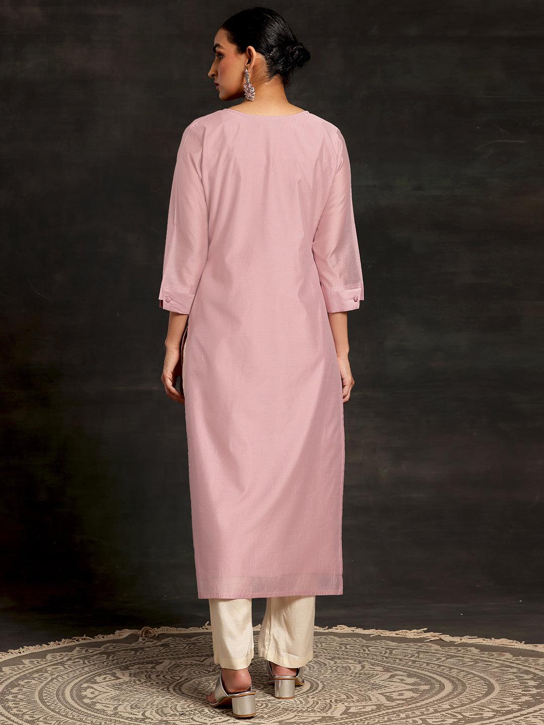 Mauve Embroidered Silk Straight Kurta - Libas