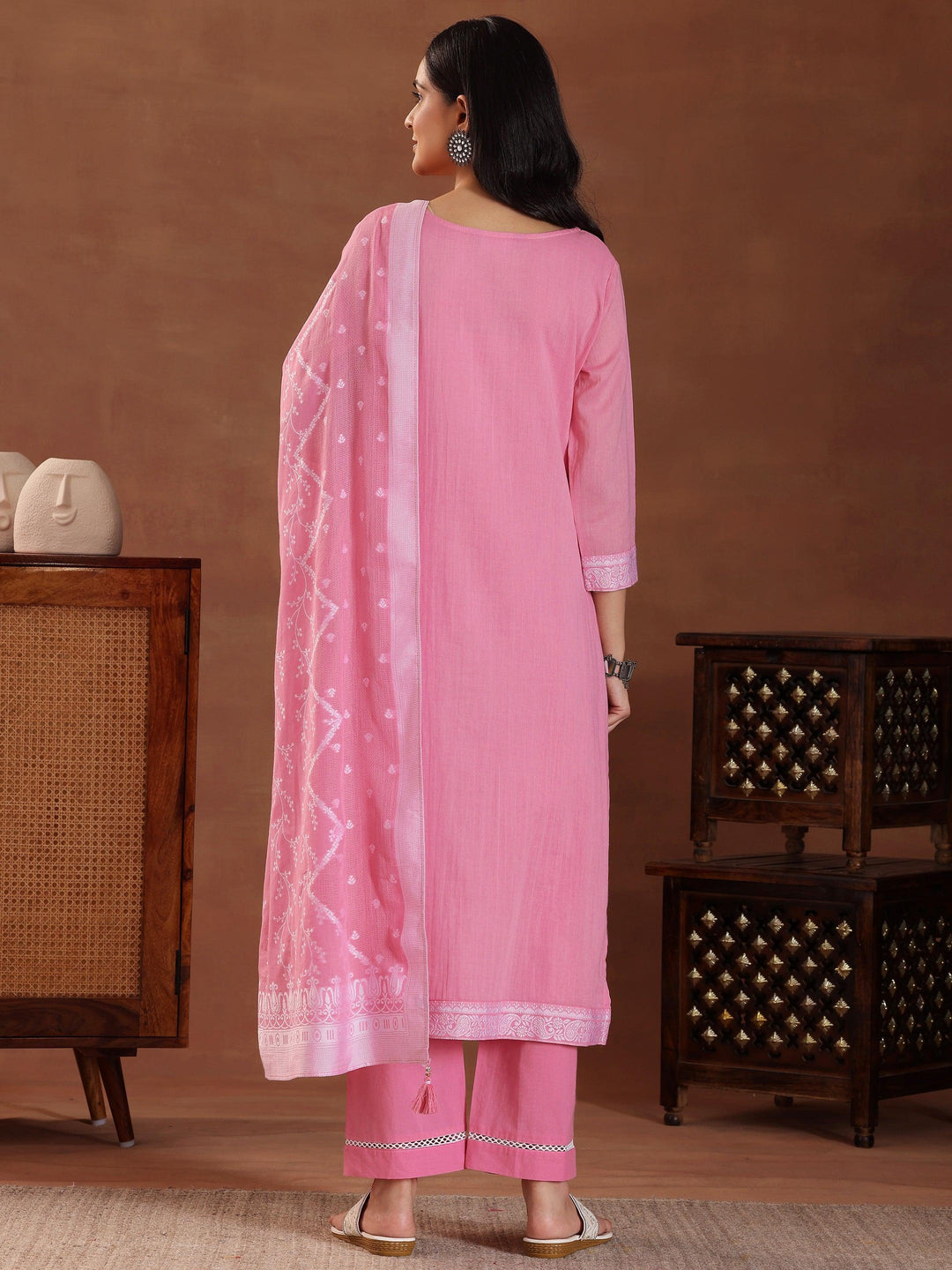 Pink Woven Design Cotton Straight Suit With Dupatta - Libas