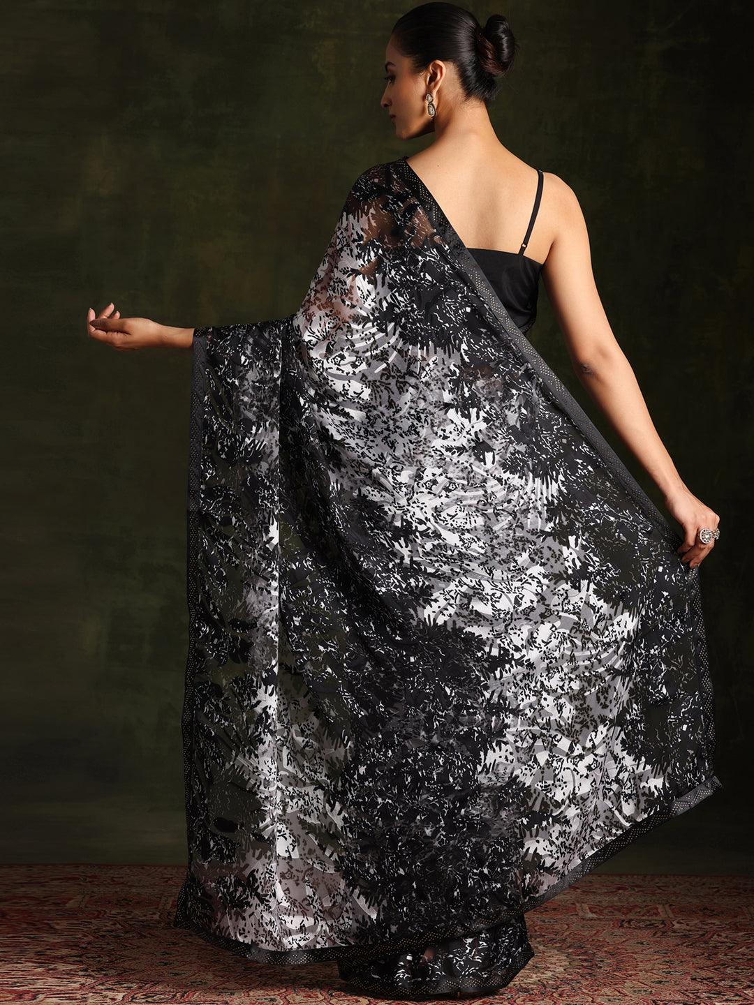 Black Printed Brasso Saree With Unstitched Blouse Piece - Libas