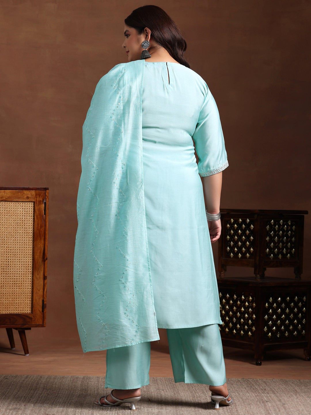 Plus Size Blue Yoke Design Silk Blend Straight Suit With Dupatta - Libas