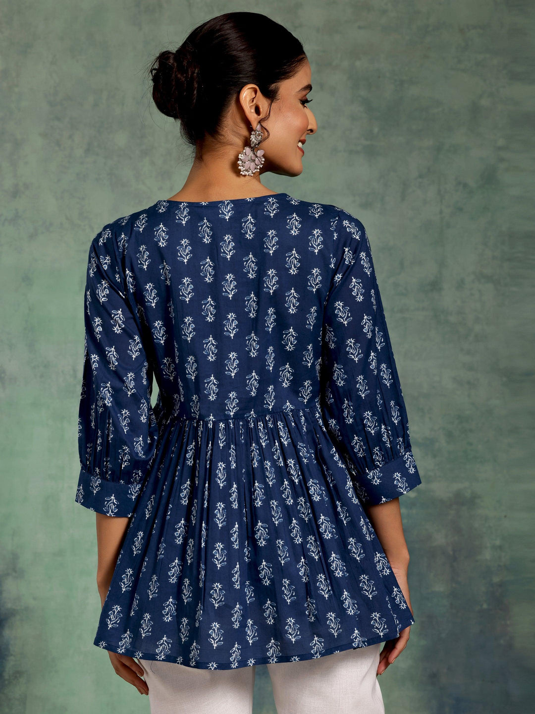 Blue Printed Cotton A-Line Kurti - Libas 