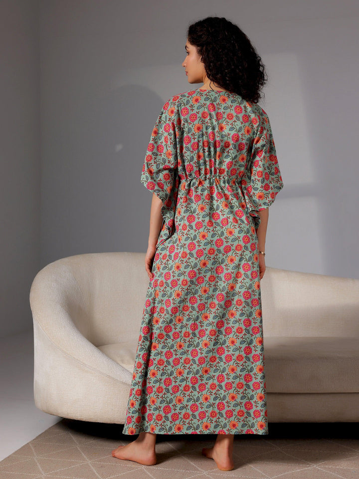 Green Printed Cotton Kaftan Night Dress - Libas