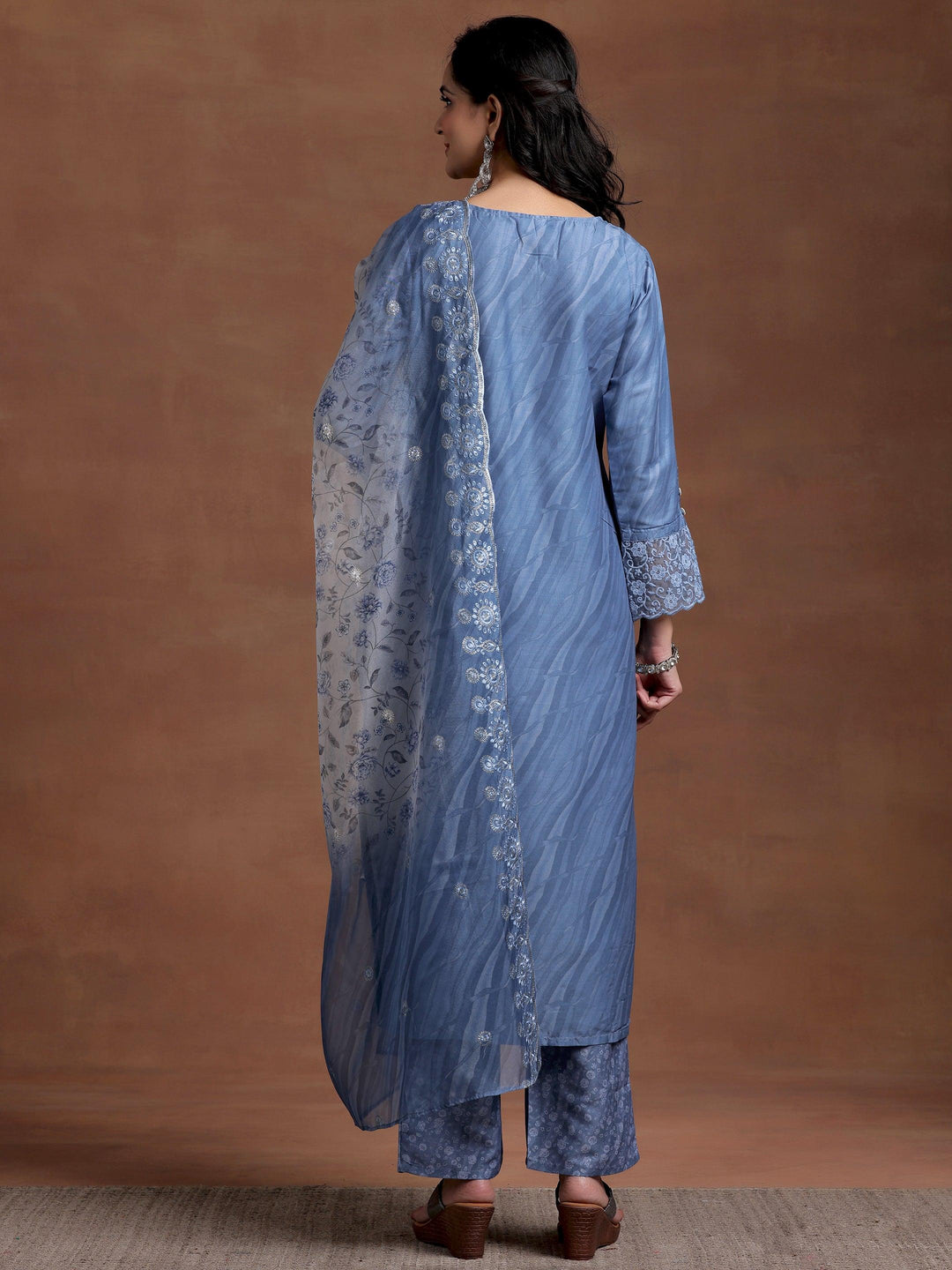 Blue Embroidered Silk Blend Straight Suit With Dupatta - Libas