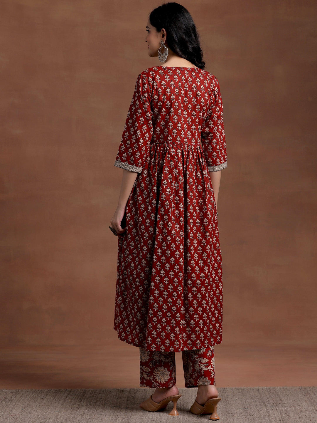 Rust Printed Cotton A-Line Kurta With Palazzos - Libas 