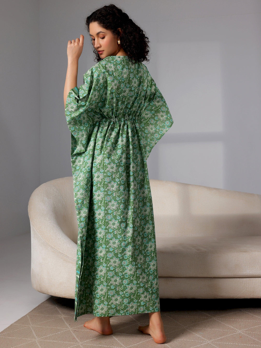 Green Printed Cotton Kaftan Night Dress - Libas