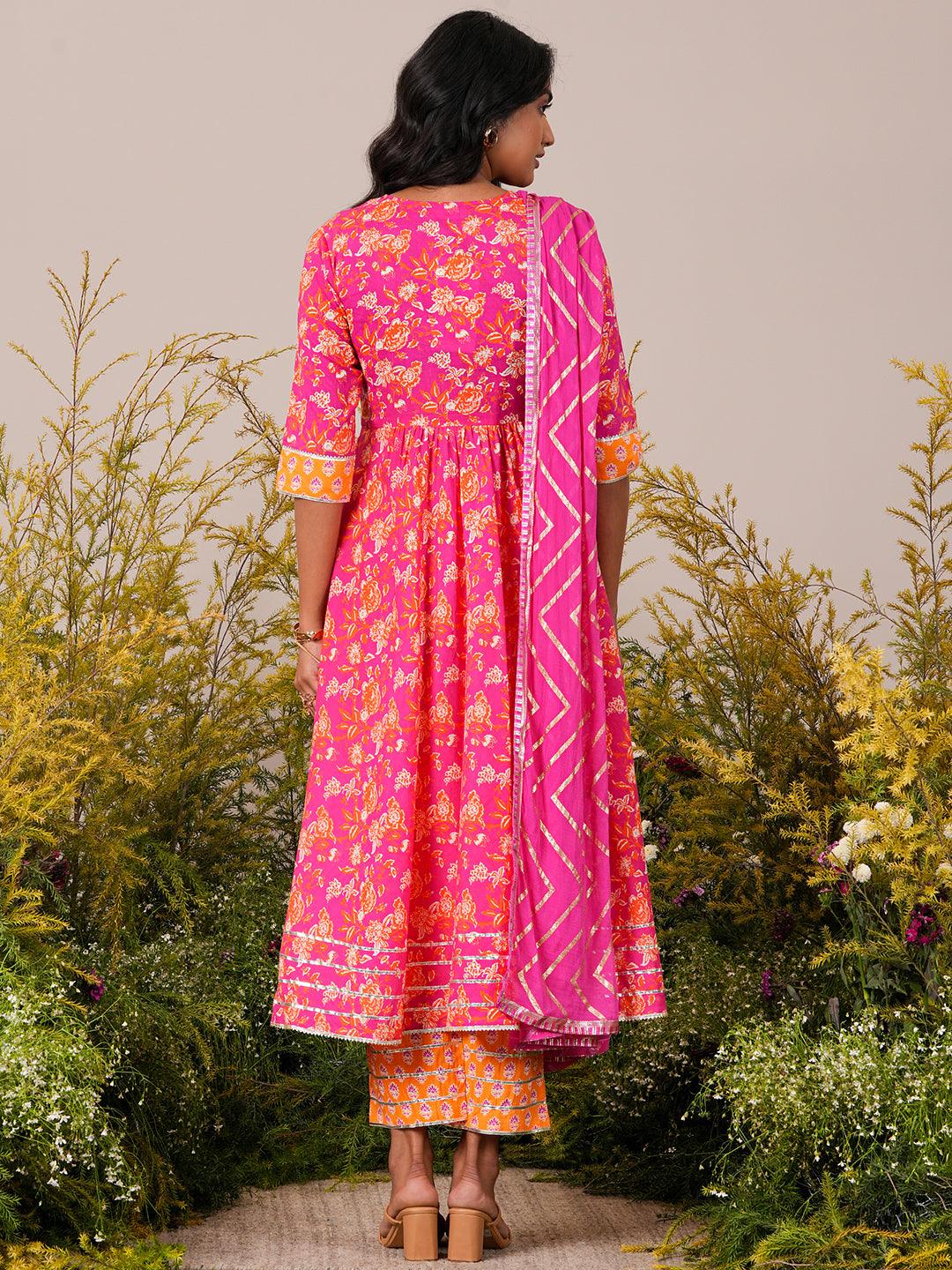 Pink Yoke Design Cotton Anarkali Suit With Dupatta - Libas 