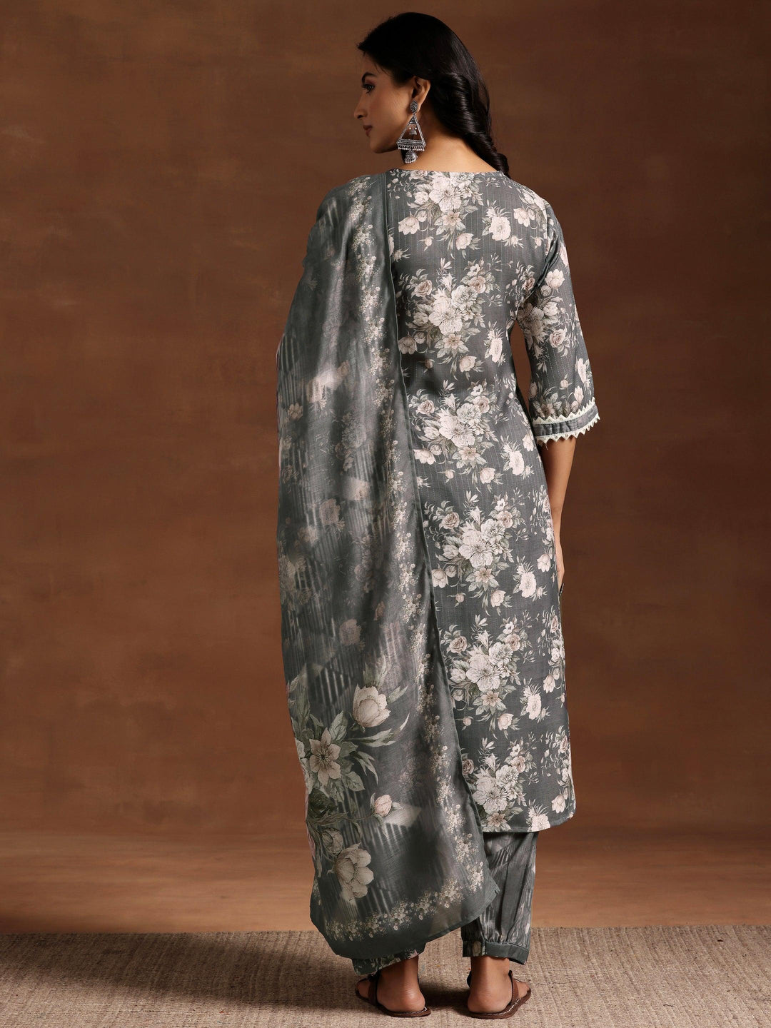 Grey Printed Cotton Straight Suit With Dupatta - Libas 