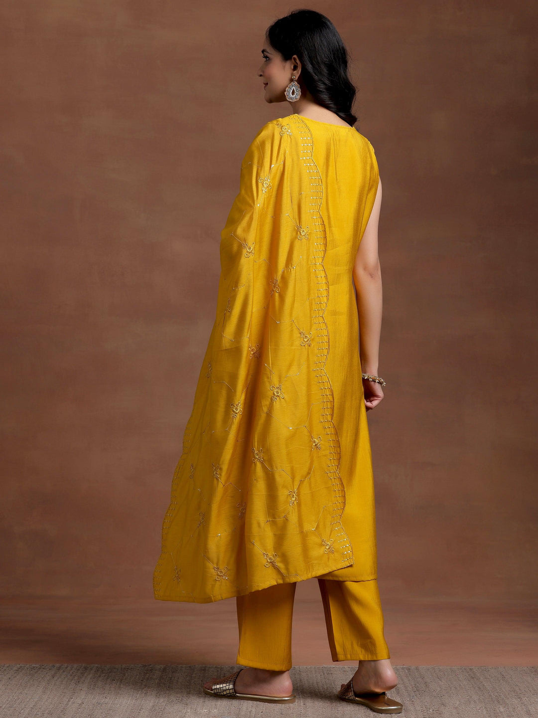 Mustard Solid Silk Blend Straight Suit With Dupatta - Libas