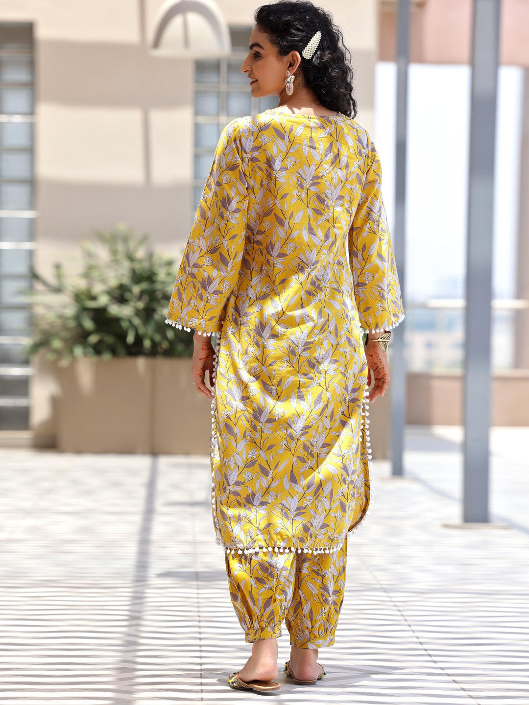 Mustard Printed Cotton Pathani Kurta Set - Libas 