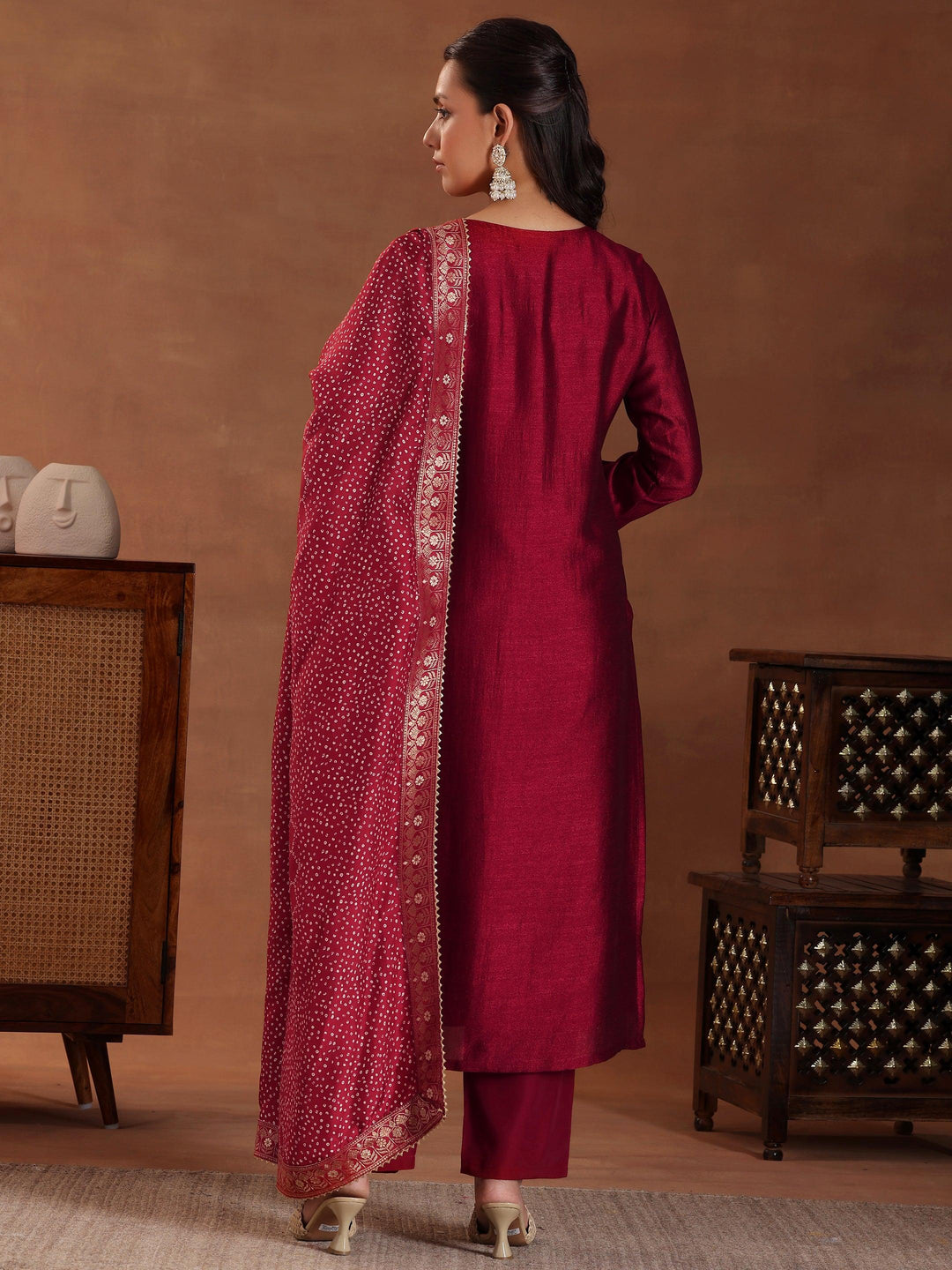 Maroon Embroidered Silk Blend Straight Suit With Dupatta - Libas 