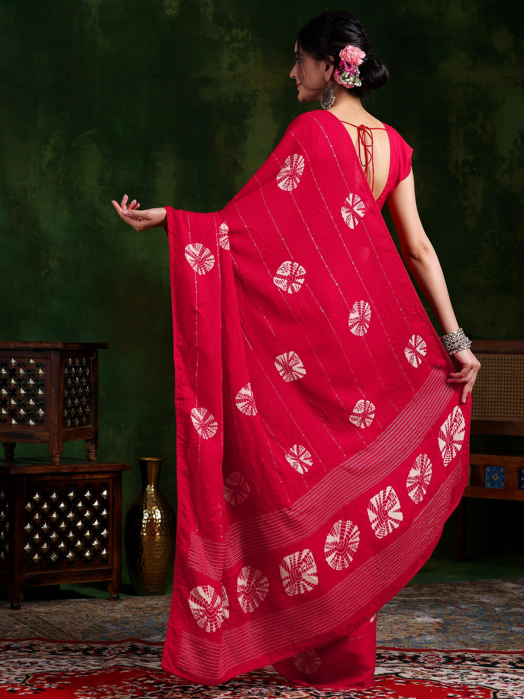 Red Printed Poly Chiffon Saree With Unstitched Blouse Piece - Libas