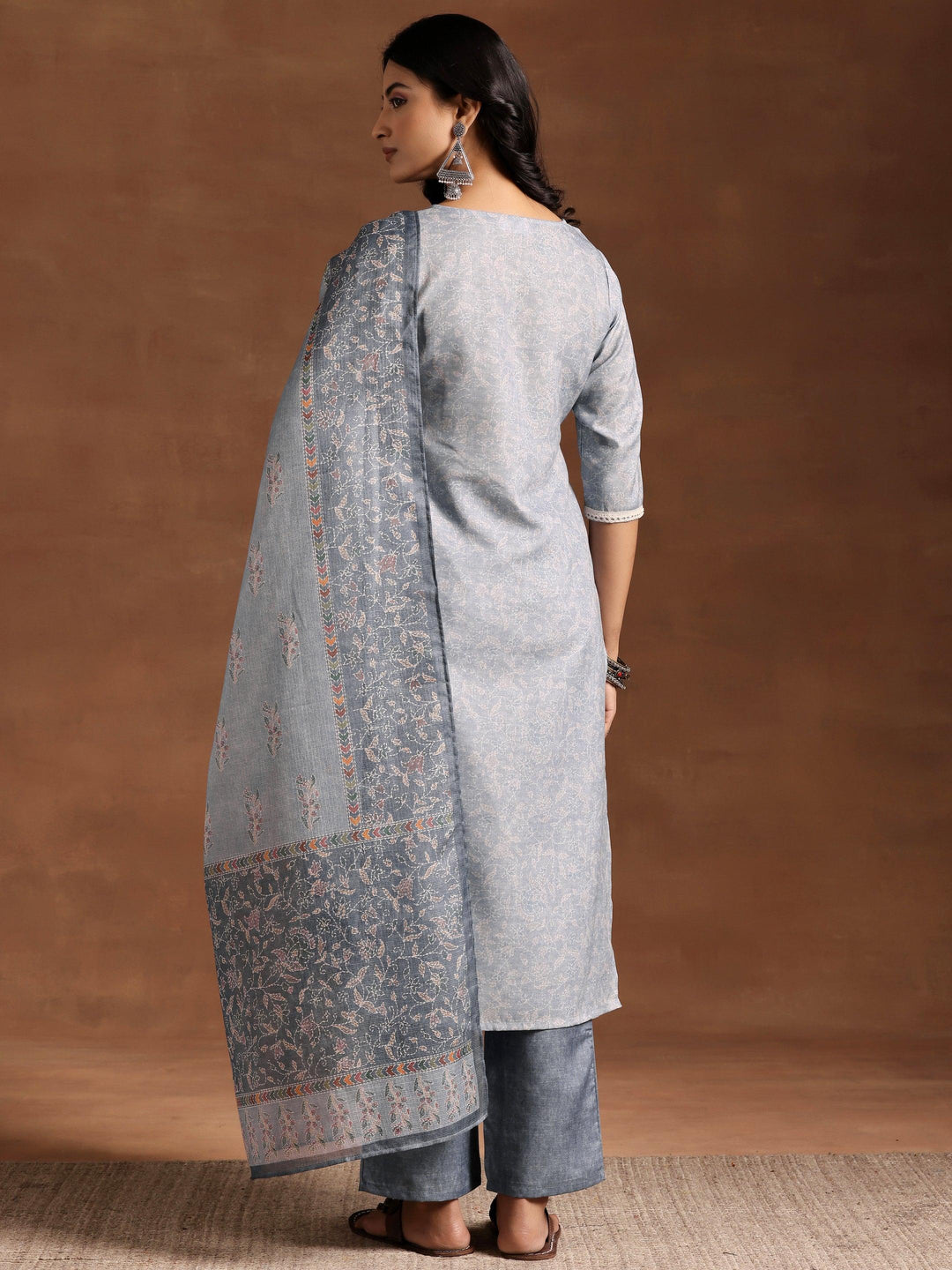 Grey Yoke Design Cotton Straight Suit With Dupatta - Libas