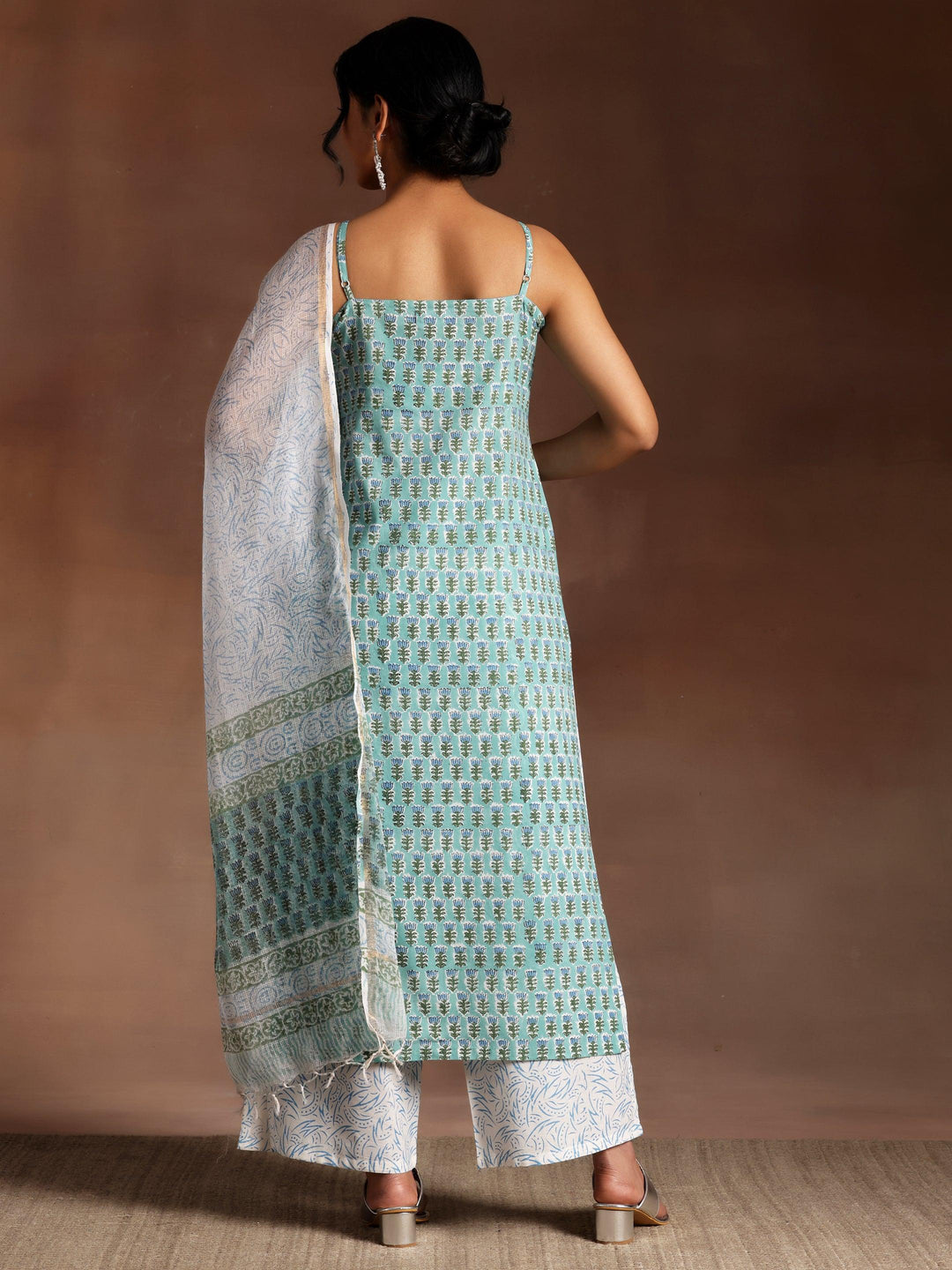 Green Printed Cotton Straight Suit With Dupatta - Libas 