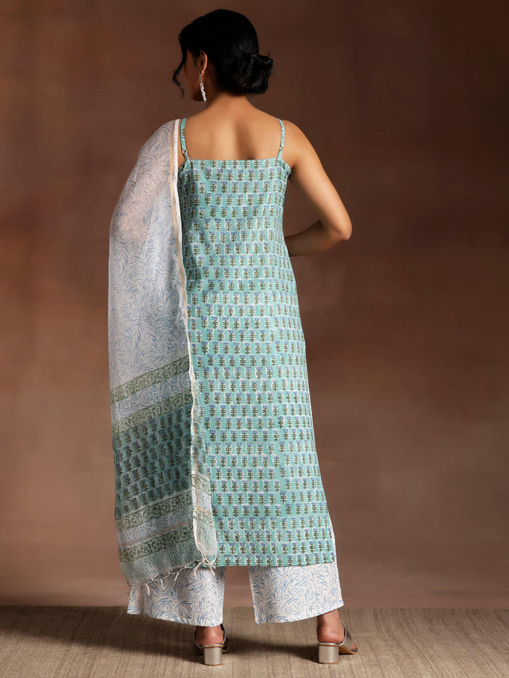 Green Printed Cotton Straight Suit With Dupatta - Libas