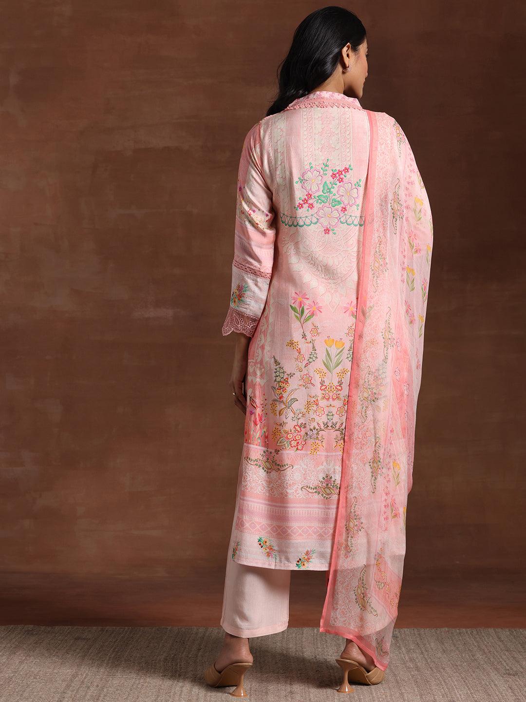 Pink Printed Silk Blend Straight Suit With Dupatta - Libas 