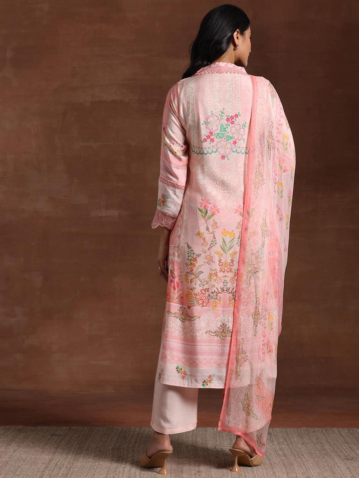 Pink Printed Silk Blend Straight Suit With Dupatta - Libas