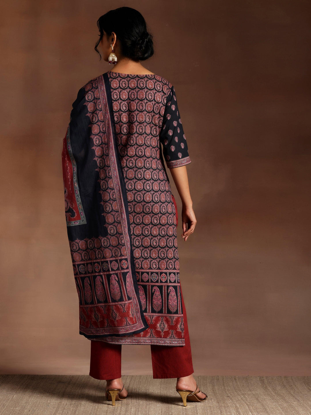 Black Printed Cotton Straight Suit With Dupatta - Libas