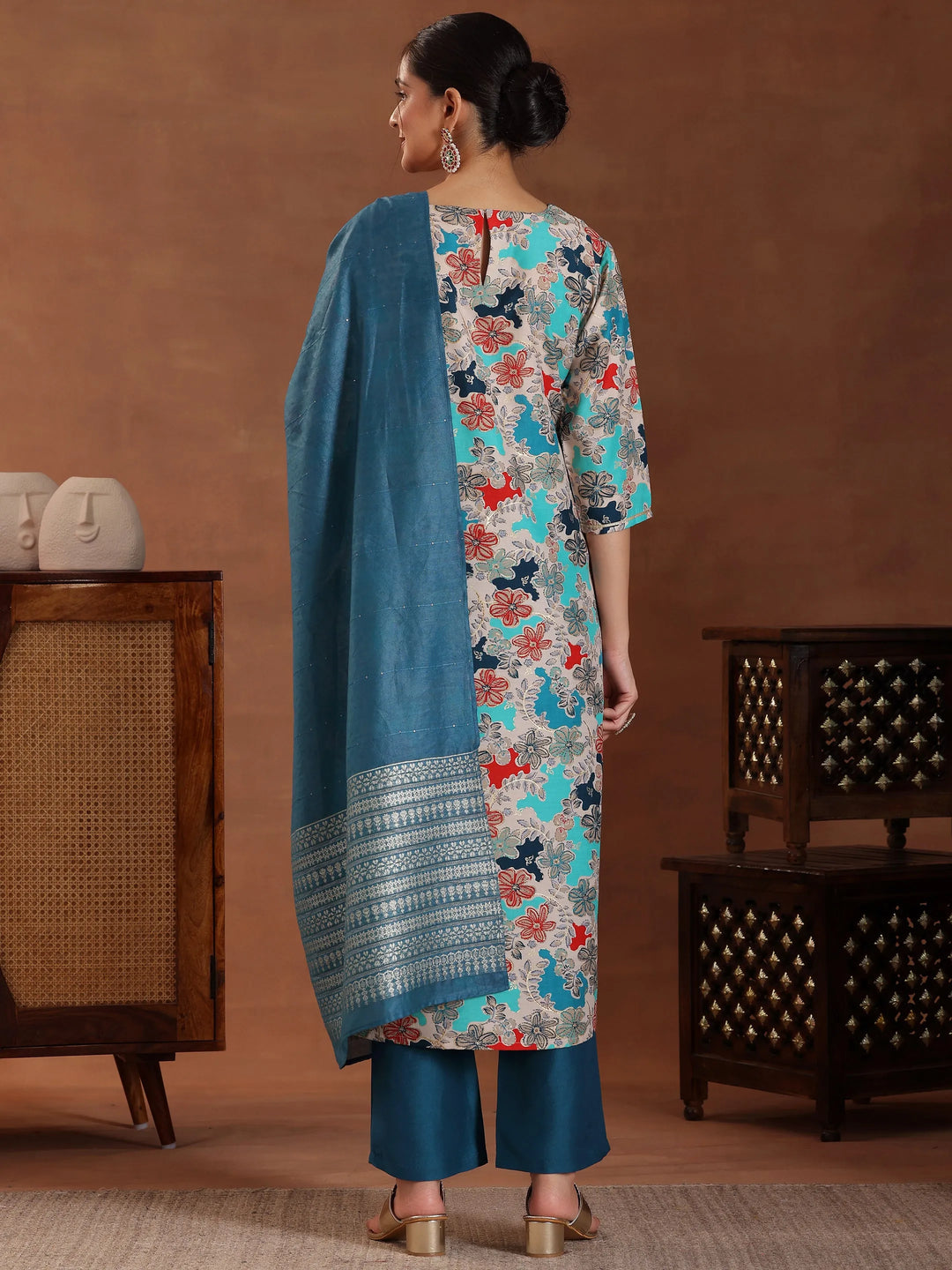  Blue Printed Silk Blend Straight Suit With Dupatta 