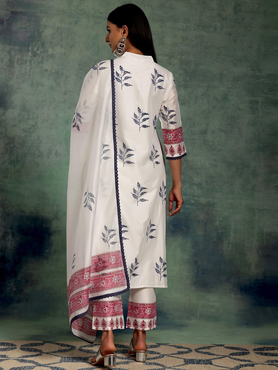 White Printed Chanderi Silk Straight Suit With Dupatta - Libas 