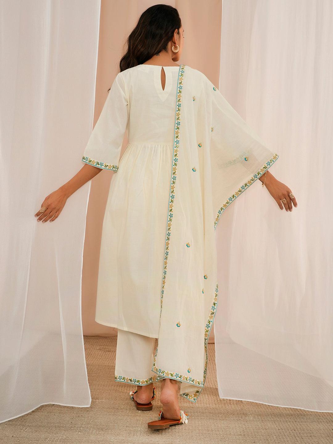 Off White Yoke Design Cotton A-Line Kurta With Palazzos & Dupatta - Libas