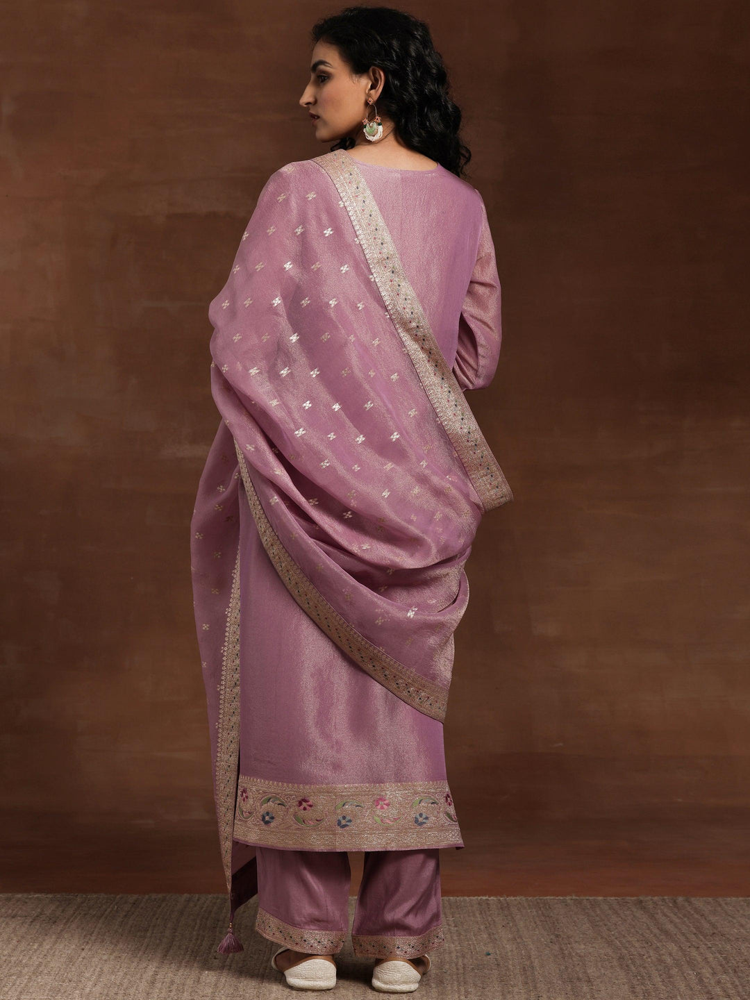 Mauve Woven Design Silk Blend Straight Kurta With Trousers & Dupatta - Libas 