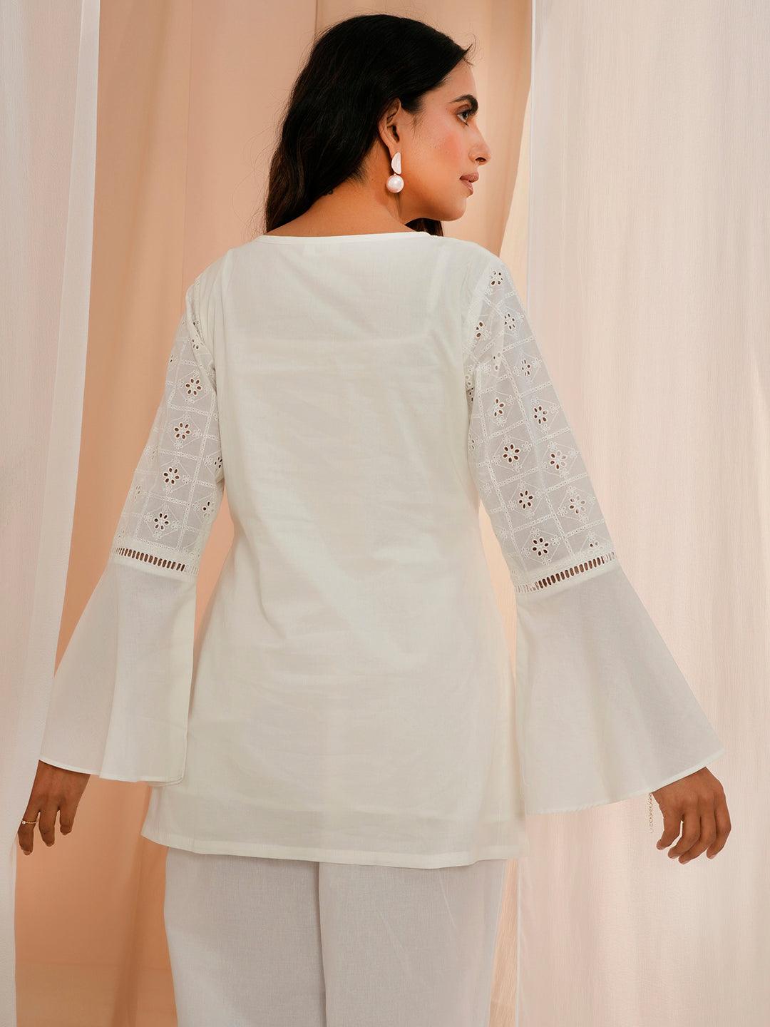 White Embroidered Cotton Straight Kurti - Libas 