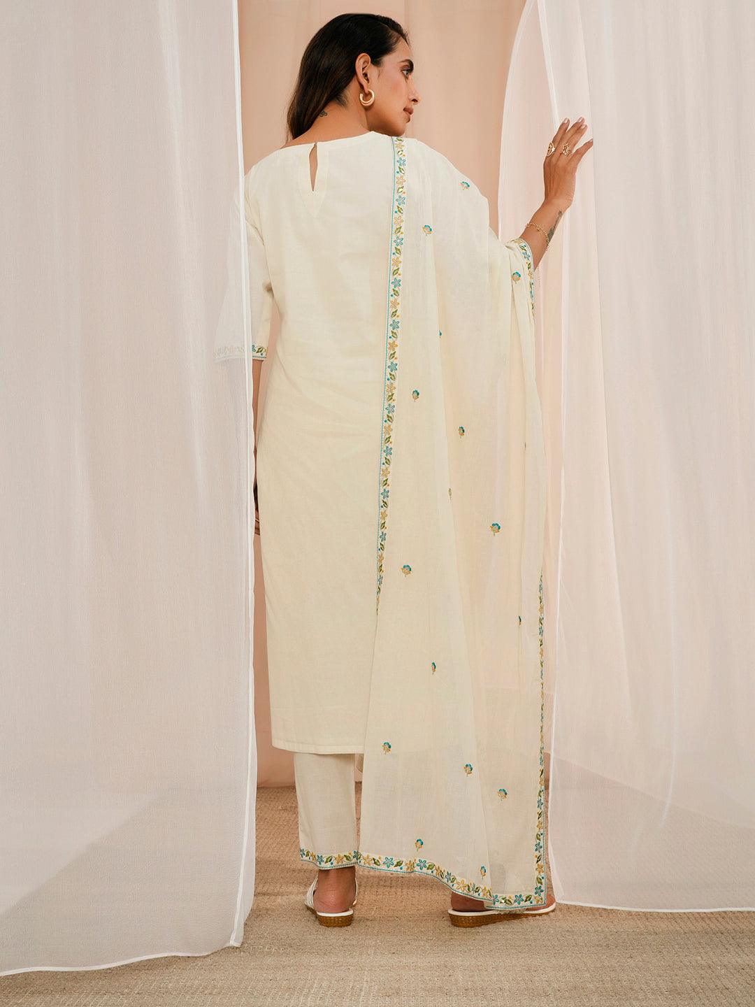 Off White Yoke Design Cotton Straight Suit With Dupatta - Libas