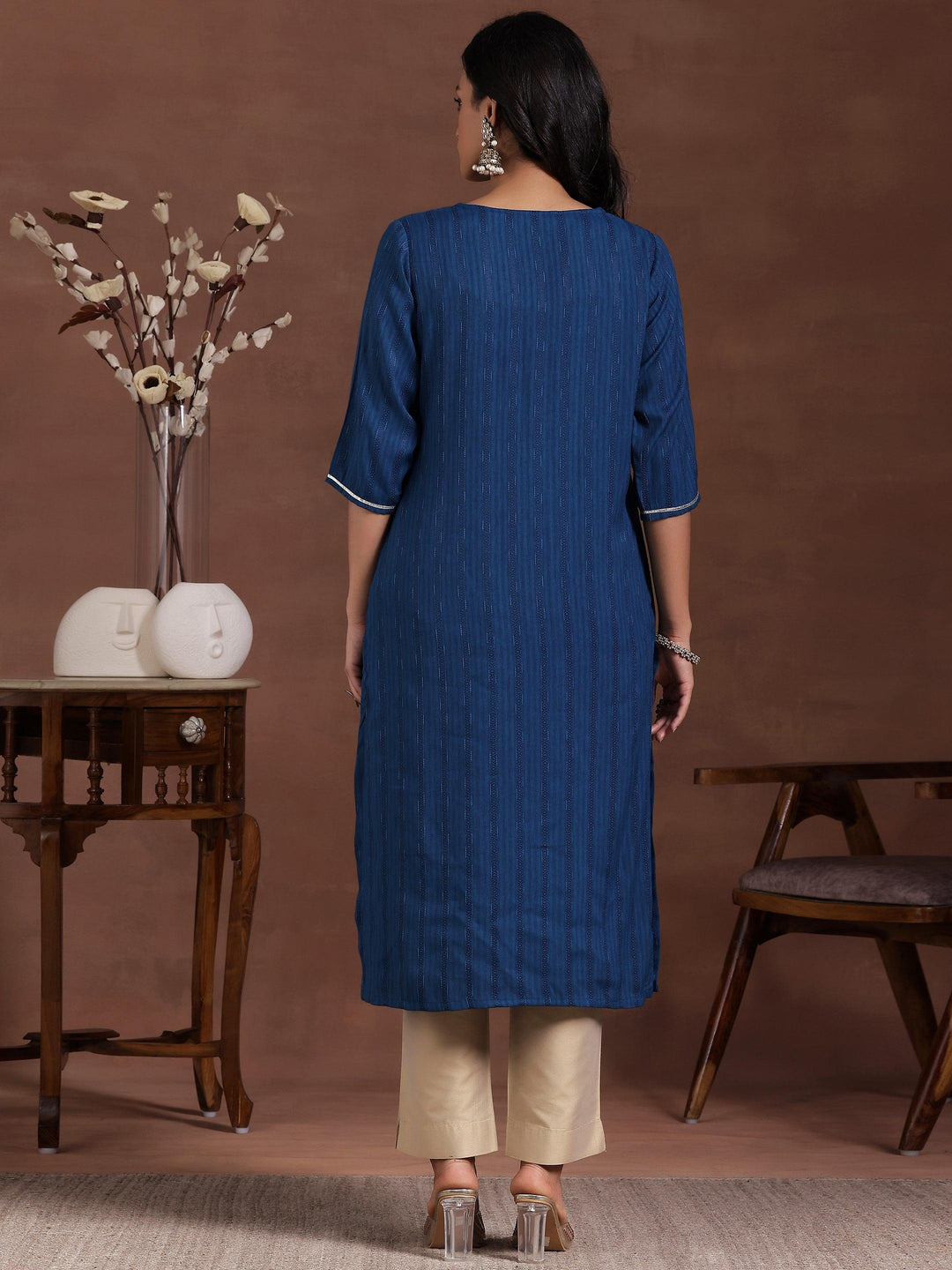 Blue Yoke Design Rayon Straight Kurta - Libas 