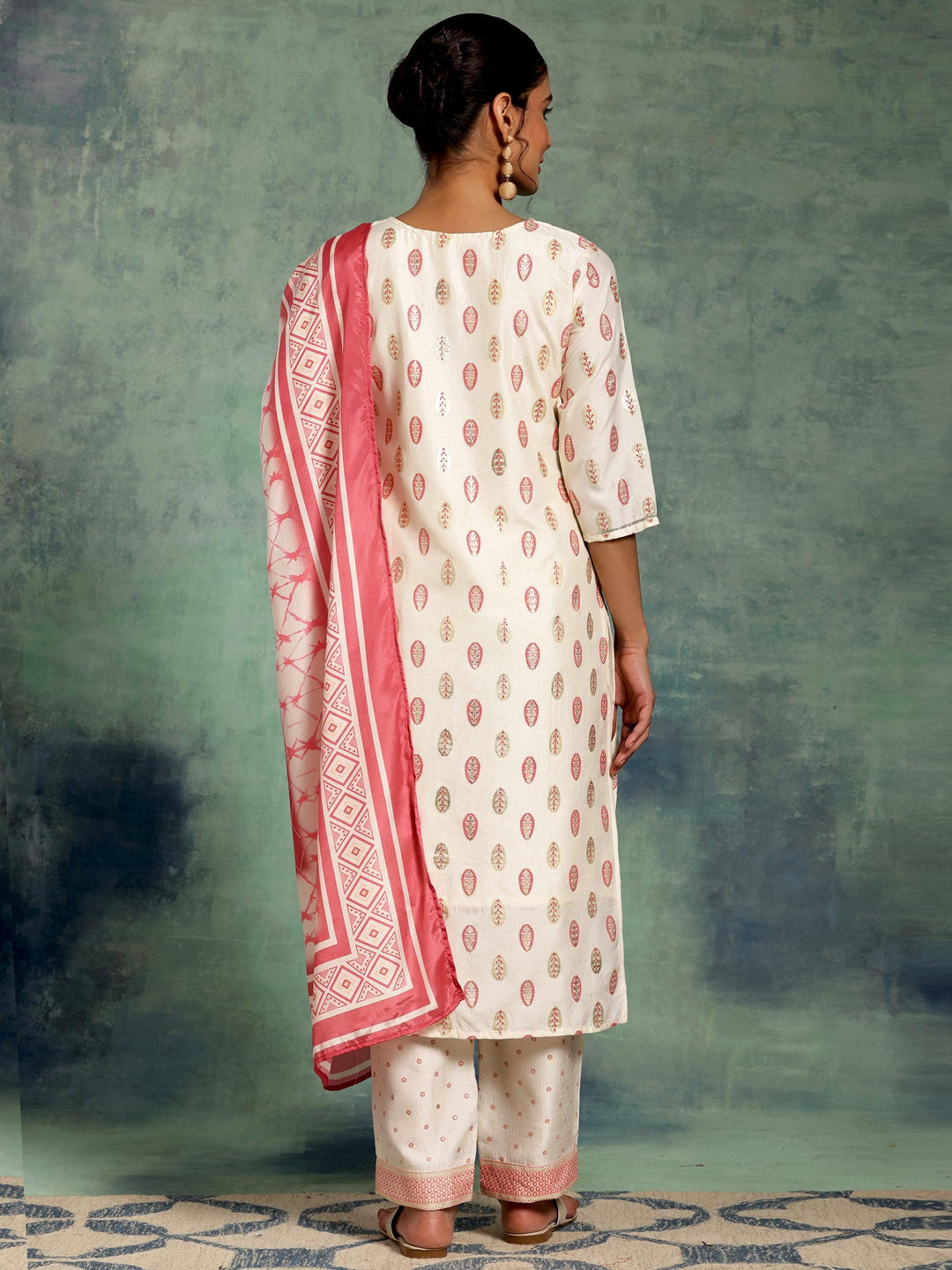 Off White Printed Silk Blend Straight Suit With Dupatta - Libas 