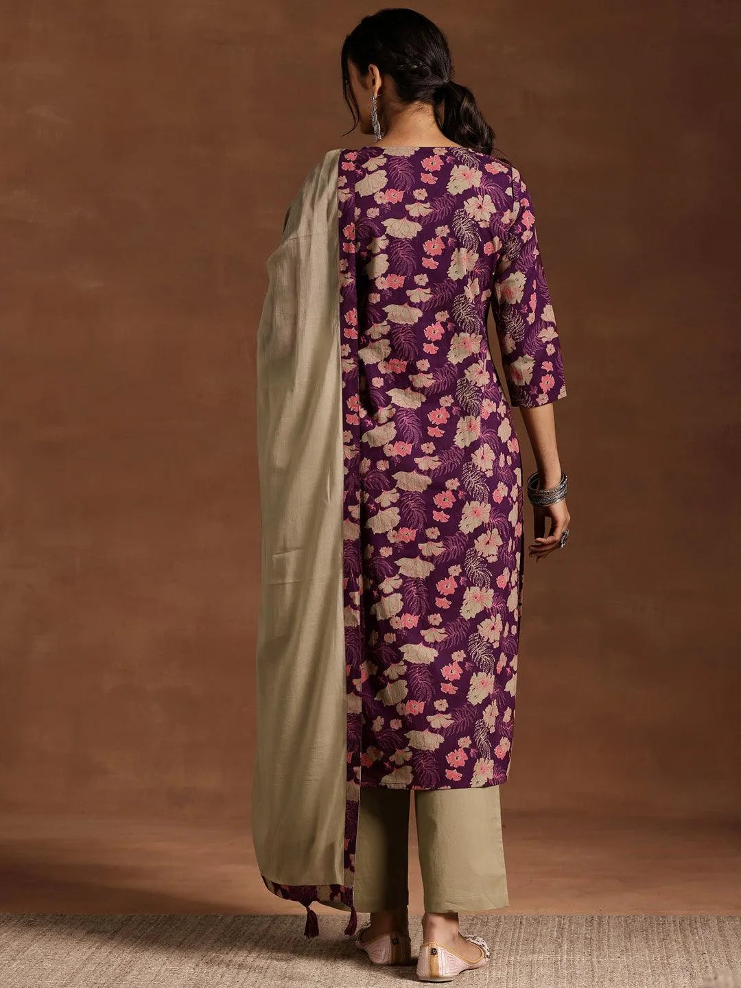 Wine Printed Cotton Straight Suit With Dupatta - Libas 