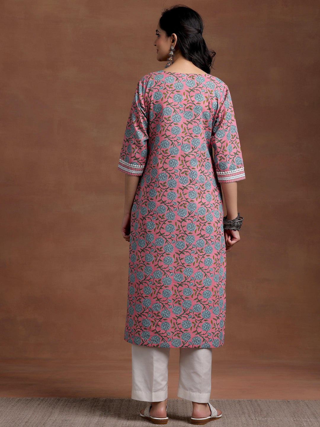 Pink Printed Cotton Straight Kurta - Libas 