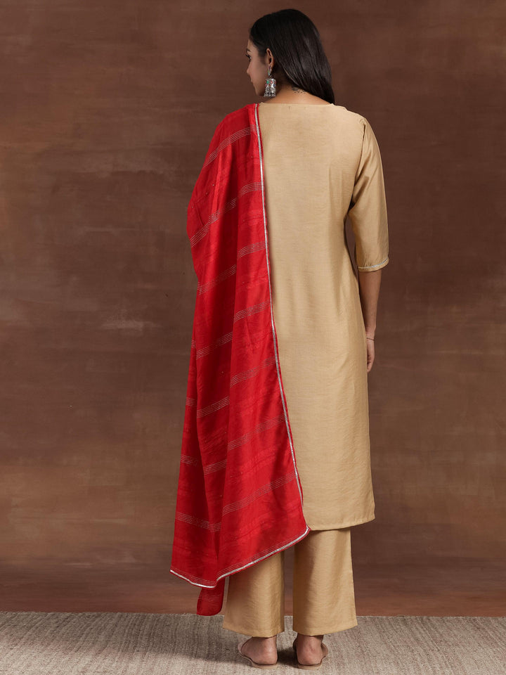 Beige Yoke Design Silk Blend Straight Kurta With Trousers & Dupatta - Libas
