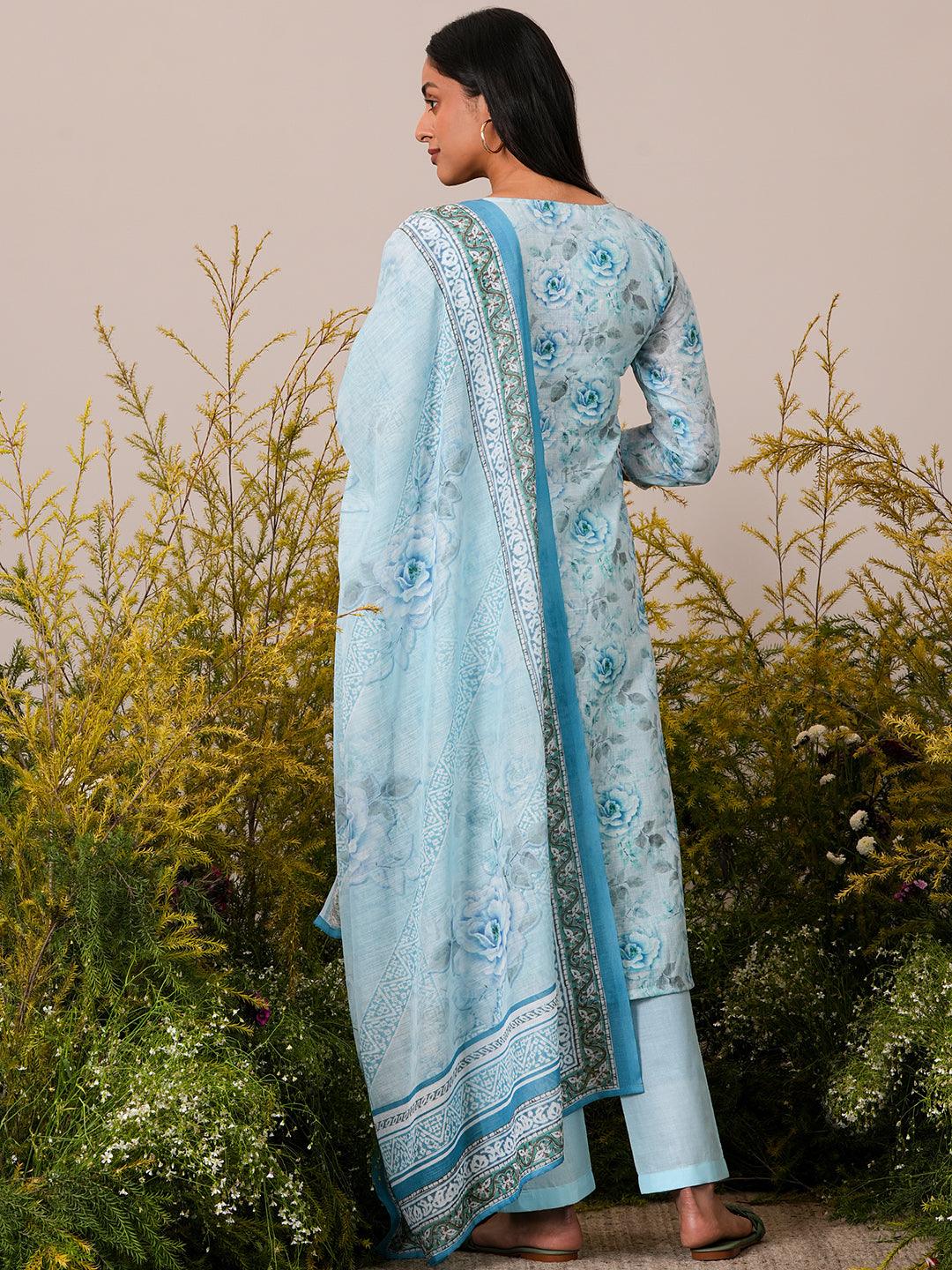 Blue Printed Linen Straight Suit With Dupatta - Libas