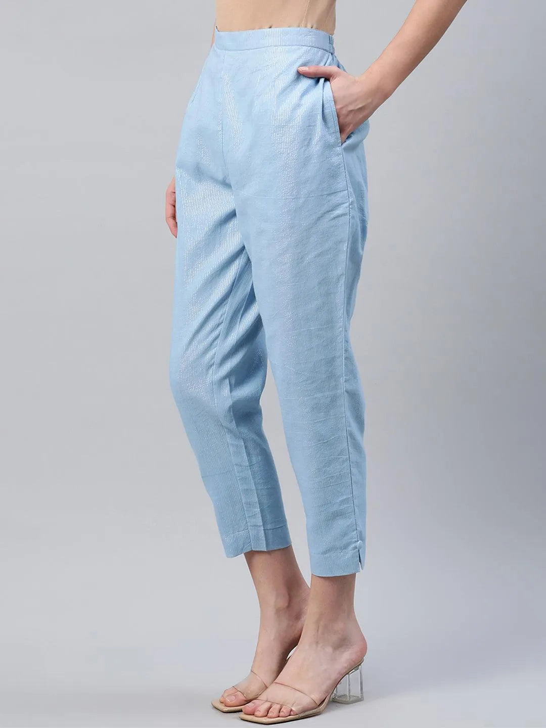 Blue Self Design Cotton Trousers - Libas 