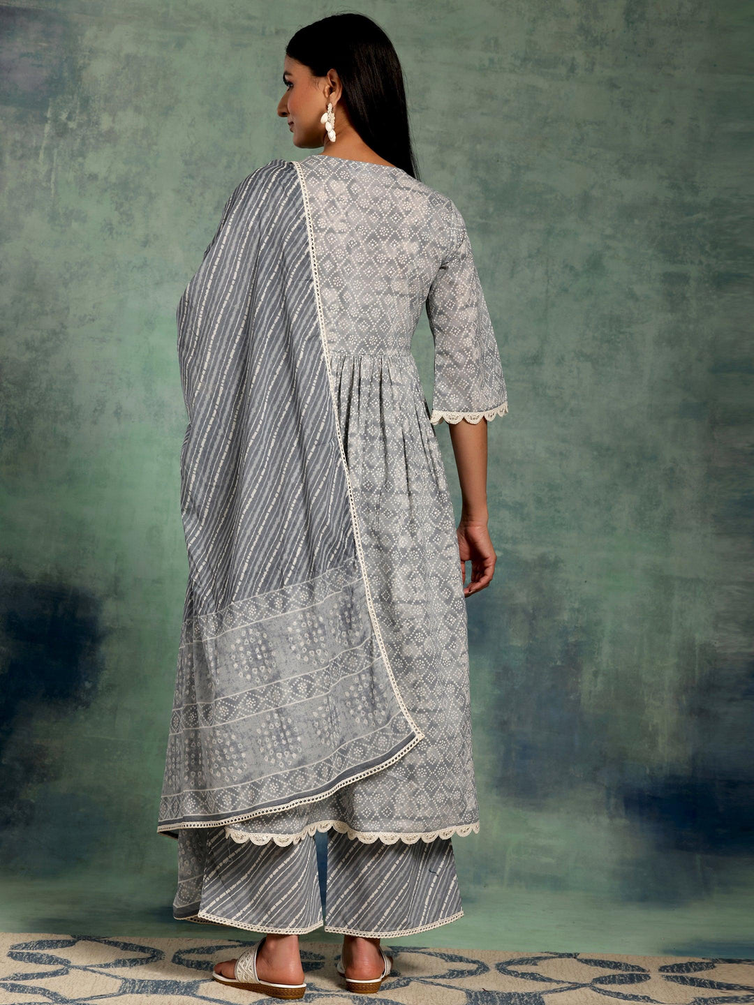 Grey Printed Cotton A-Line Kurta With Palazzos & Dupatta - Libas 