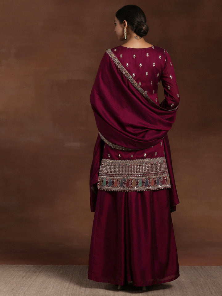 Maroon Embroidered Silk Blend Straight Kurta With Palazzos & Dupatta - Libas