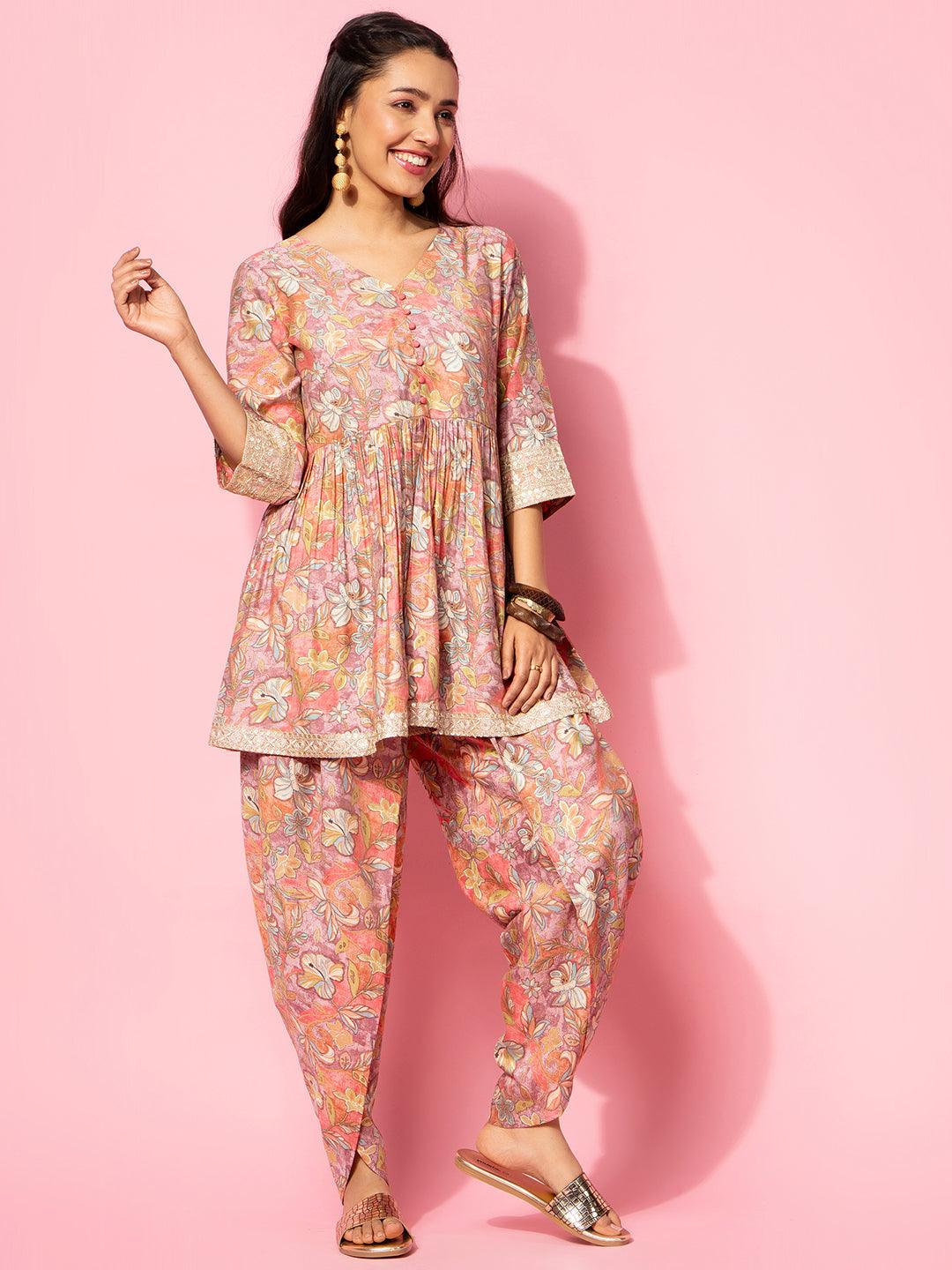 Peach Printed Silk Blend Co-Ords - Libas 