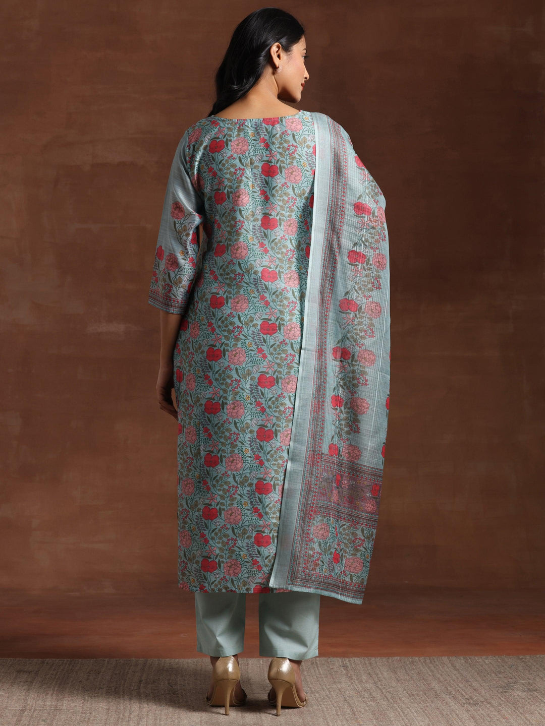 Green Printed Chanderi Silk Straight Suit With Dupatta - Libas